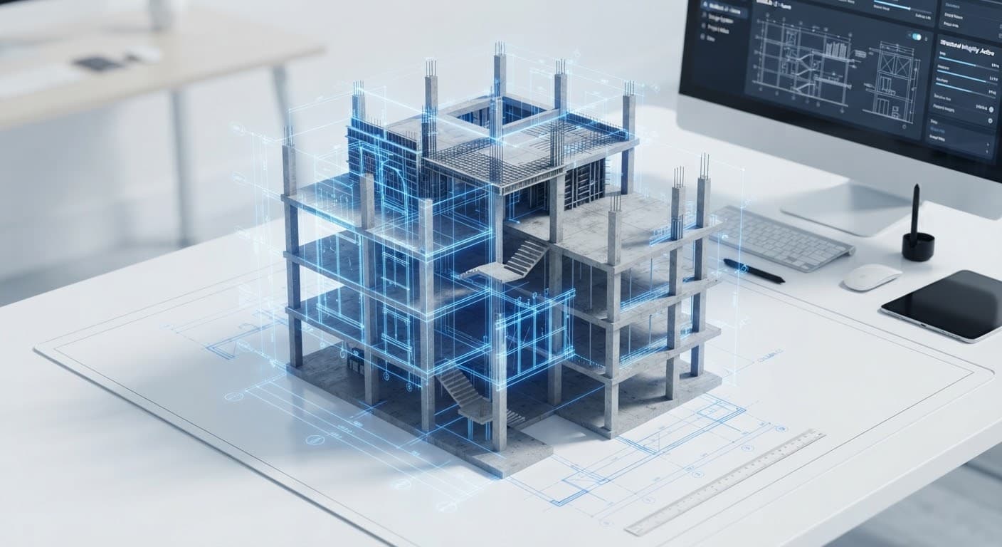 3D structural model with DWG technical drawings and a CAD interface